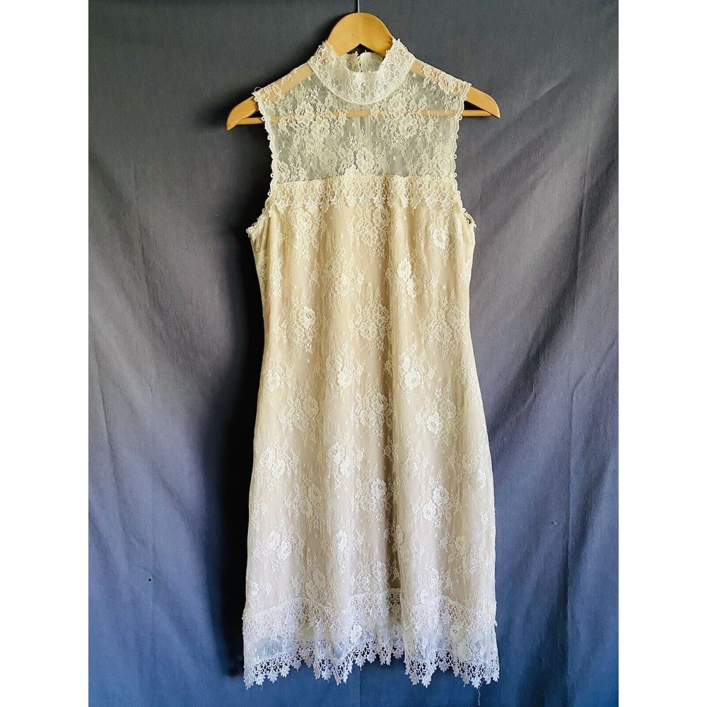 Vtg Jessica McClintock Boho Bridal Wedding Victorian White Dress Lace Overlay 12